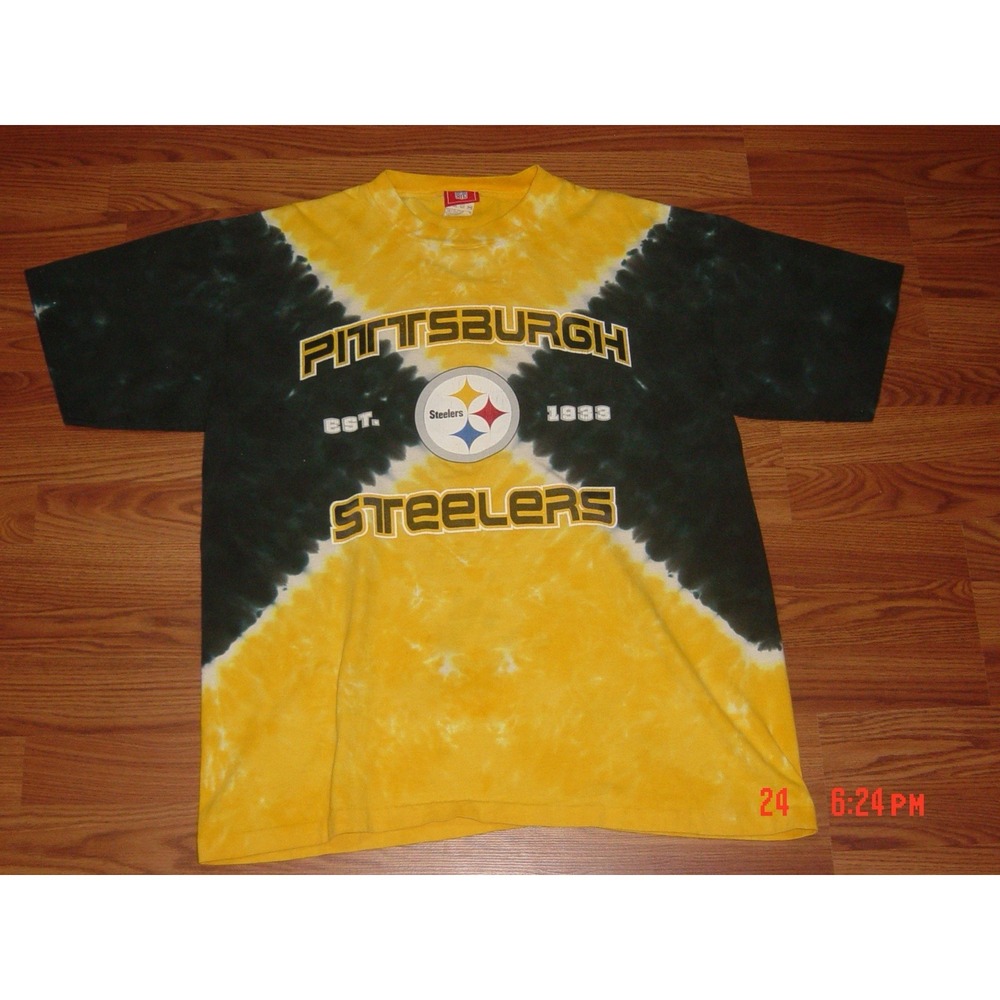 Vintage Pittsburgh Steelers Tie Dye Graphic NFL Tee Shirt Size XL Black Yellow‎
